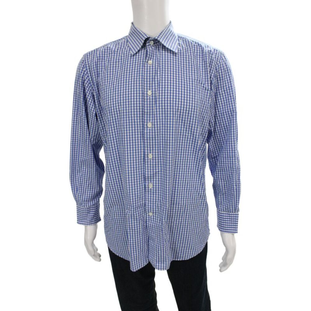 Canali Mens Plaid & Checks Long Sleeve Button-Down Shirt Blue Size 42